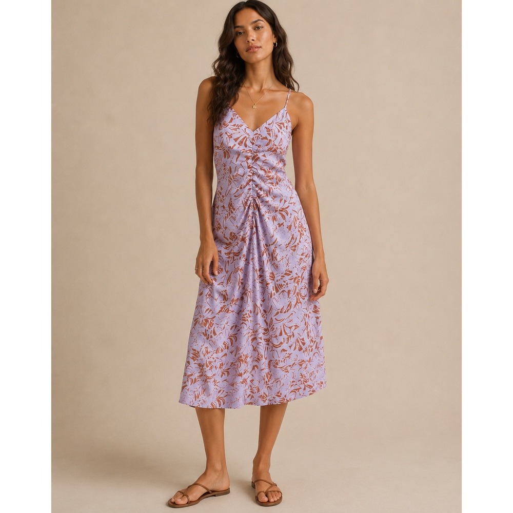 Nine‎ West Womens XL Tropical Palm Print Ruched Front Midi Dress Lavender Rust